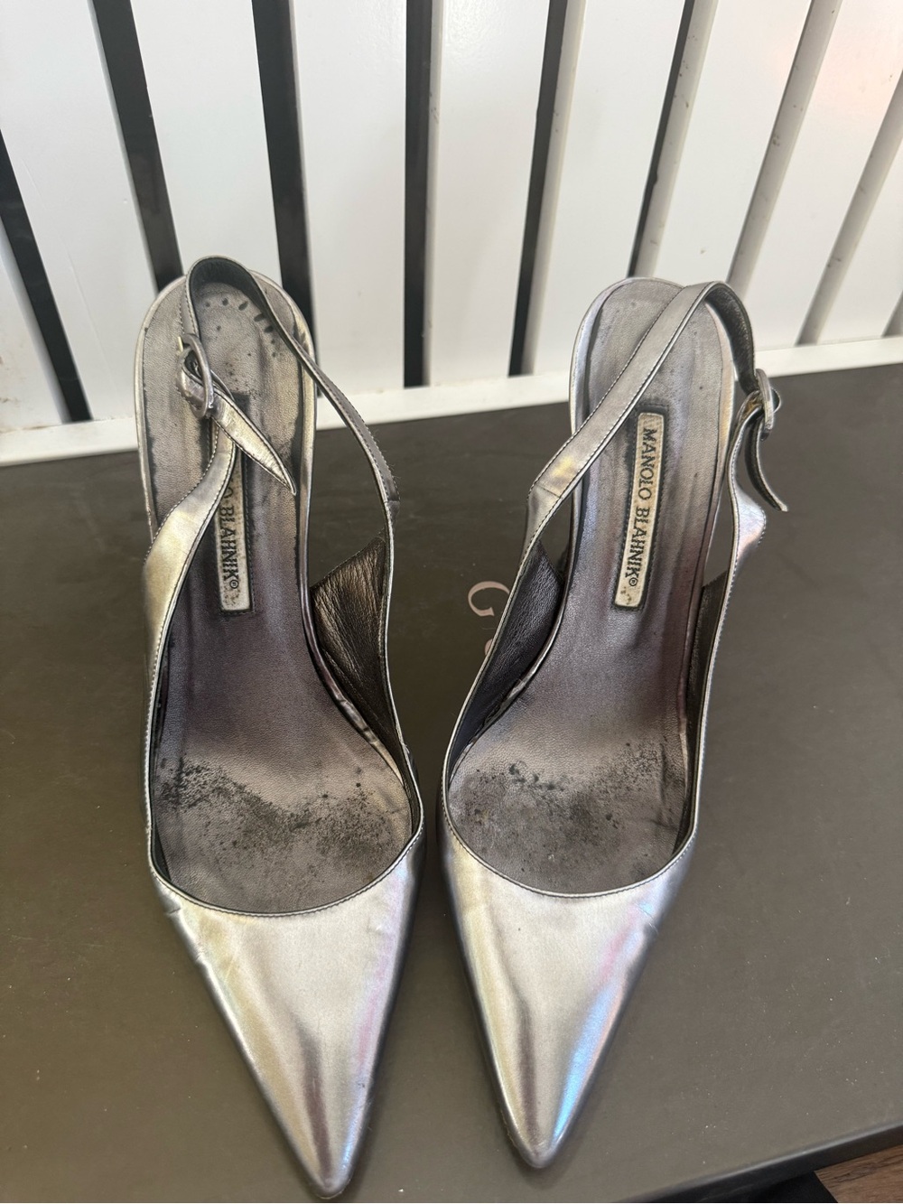 Manolo Blahnik silver nappa leather slingback pumps size 38 1/2